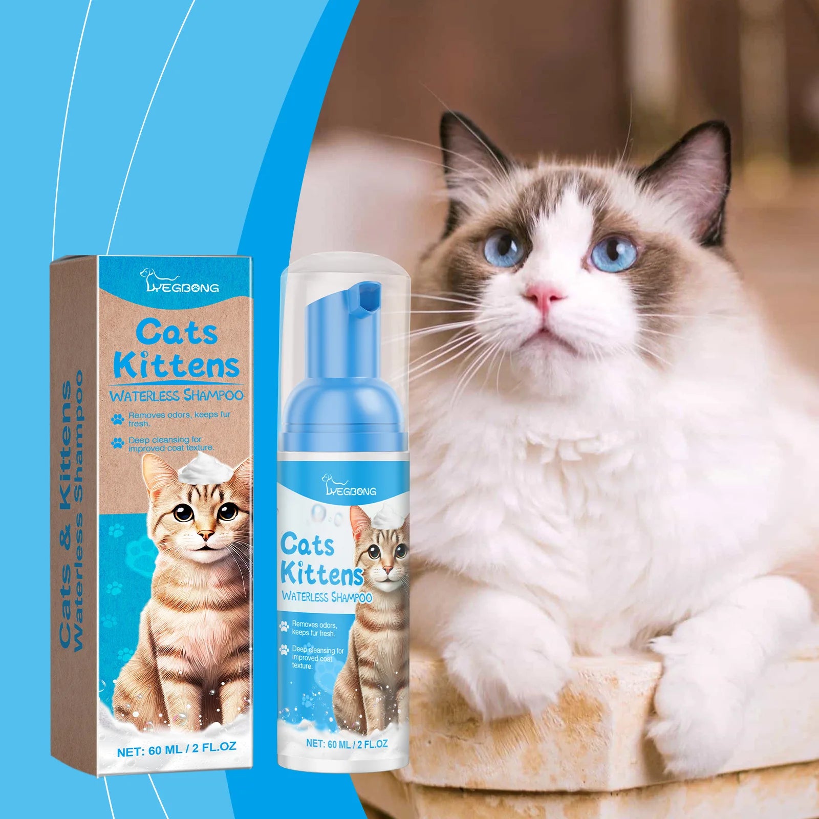Yegbong 60ml Cat Cleaning Mousse Remove Dirt Oil Moisturizing Nourishing Fur Pet Kitten Shampoo Smooth Cat Freshing Bath Cleaner