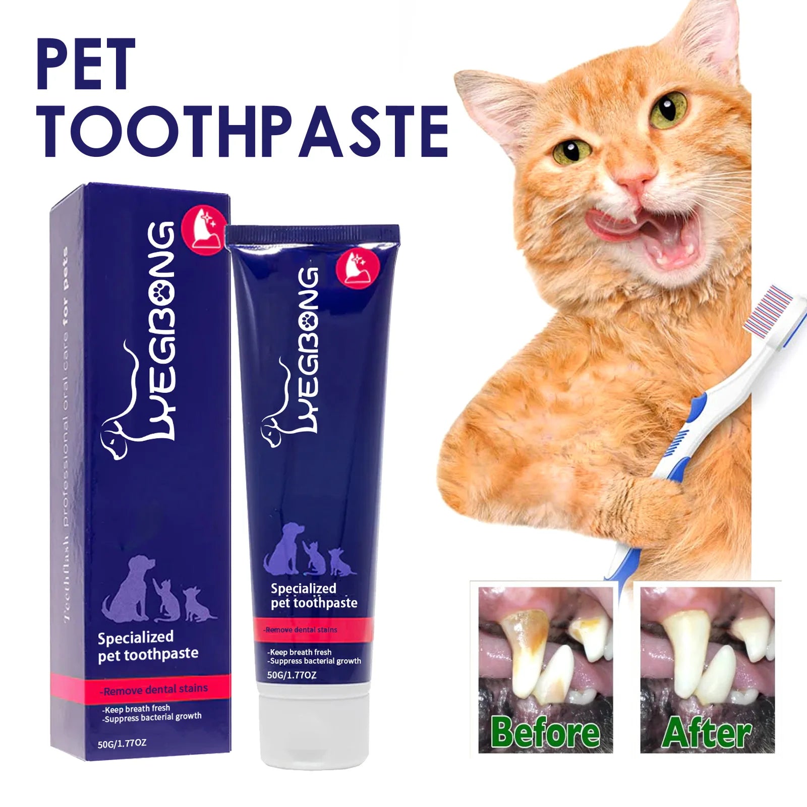 Yegbong 50g Pet Oral Cleaning Cream Whiten Teeth Toothpaste Eliminate Bad Breath Cats Dogs Clean Tartar Teeth Stains Toothpaste