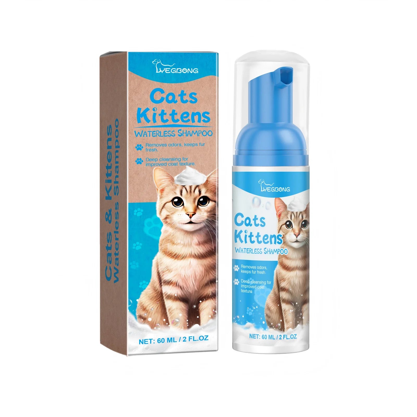 Yegbong 60ml Cat Cleaning Mousse Remove Dirt Oil Moisturizing Nourishing Fur Pet Kitten Shampoo Smooth Cat Freshing Bath Cleaner