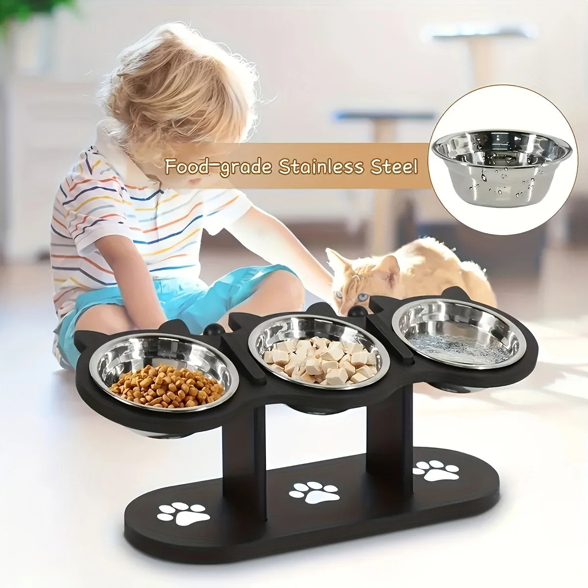 Cat 3 Bowls in 1 Feeder Feeding & Watering Supplies Food Bowl 15-Degree Tilt Raised Puppy 3 Stainless Steel Bowls Wood Brackets