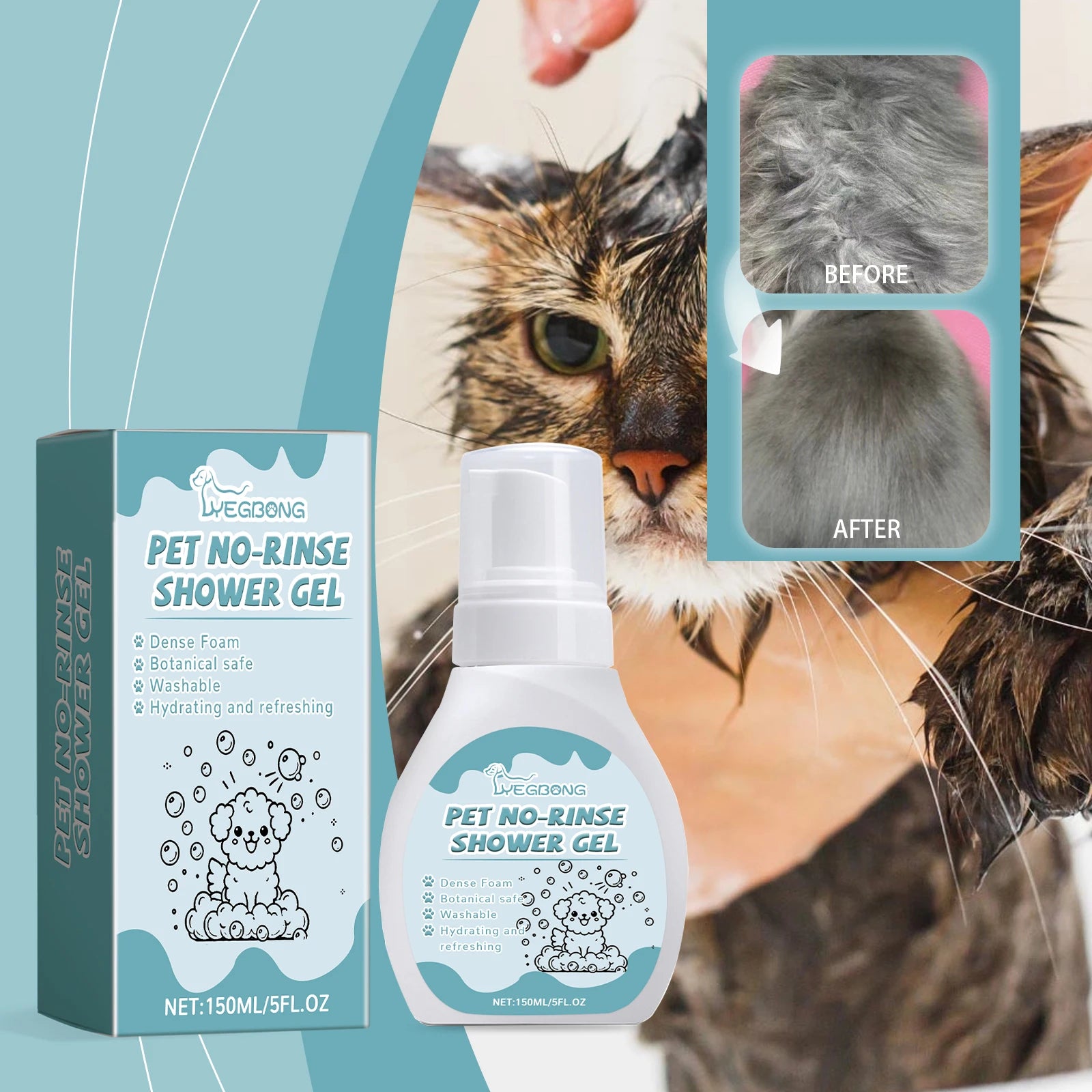 YEGBONG Dog and Cat Licking Safe Dry Shampoo, Foam Dog Bath Cleaning Tool, Suitable for Cats and Dogs Sensitive Skin 150ml