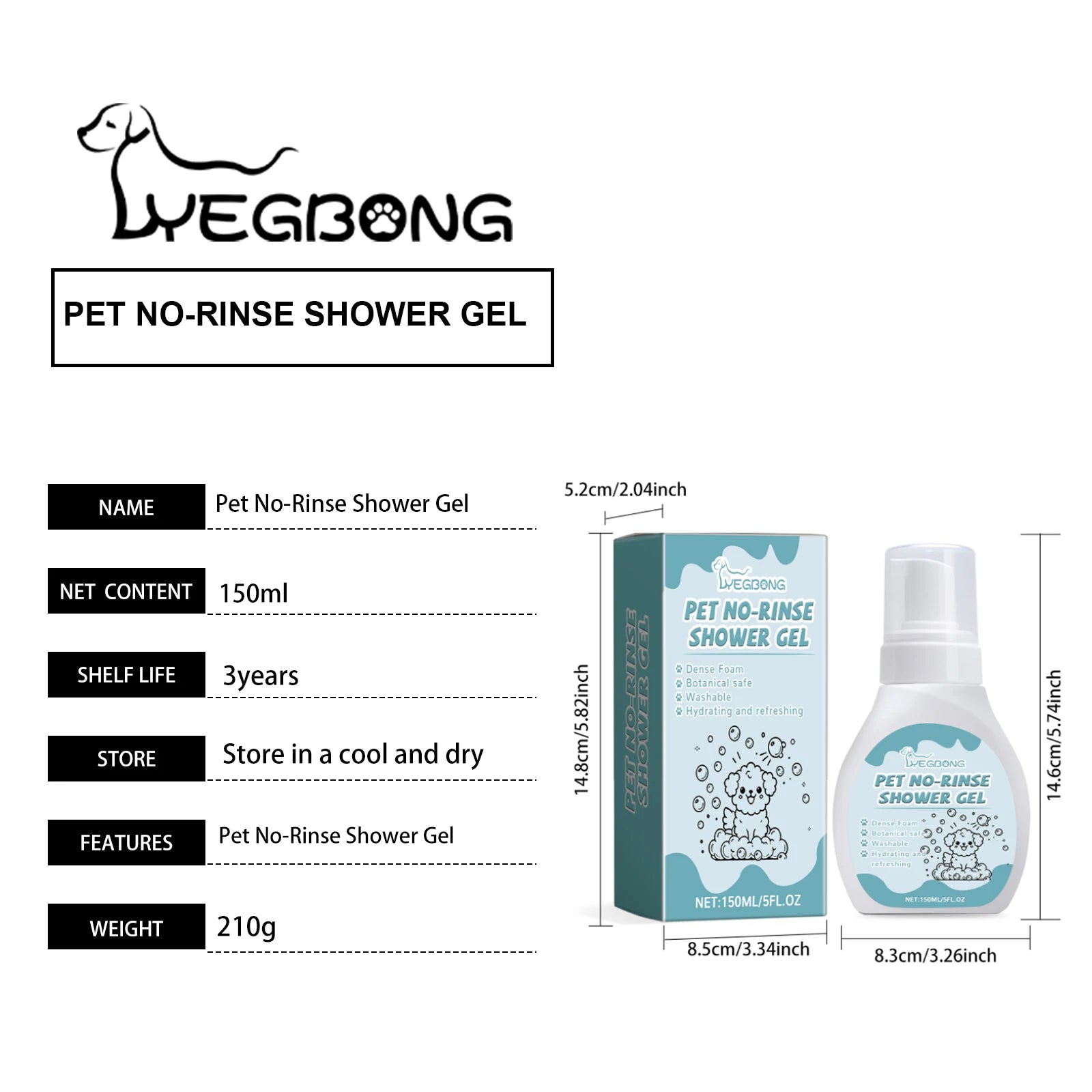 YEGBONG Dog and Cat Licking Safe Dry Shampoo, Foam Dog Bath Cleaning Tool, Suitable for Cats and Dogs Sensitive Skin 150ml