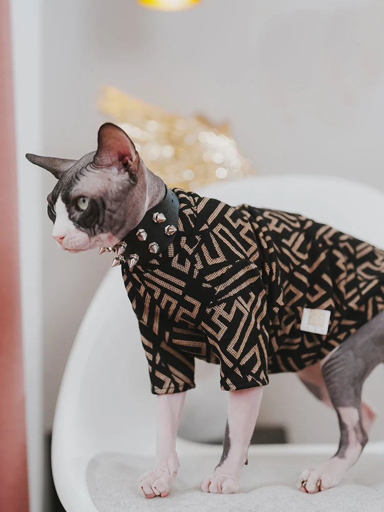 Sphynx Clothes for Cat Stretch Black Gold Cotton T-shirt For Devon Rex Soft Fashion Jumpsuit for Kittens Cat Costume