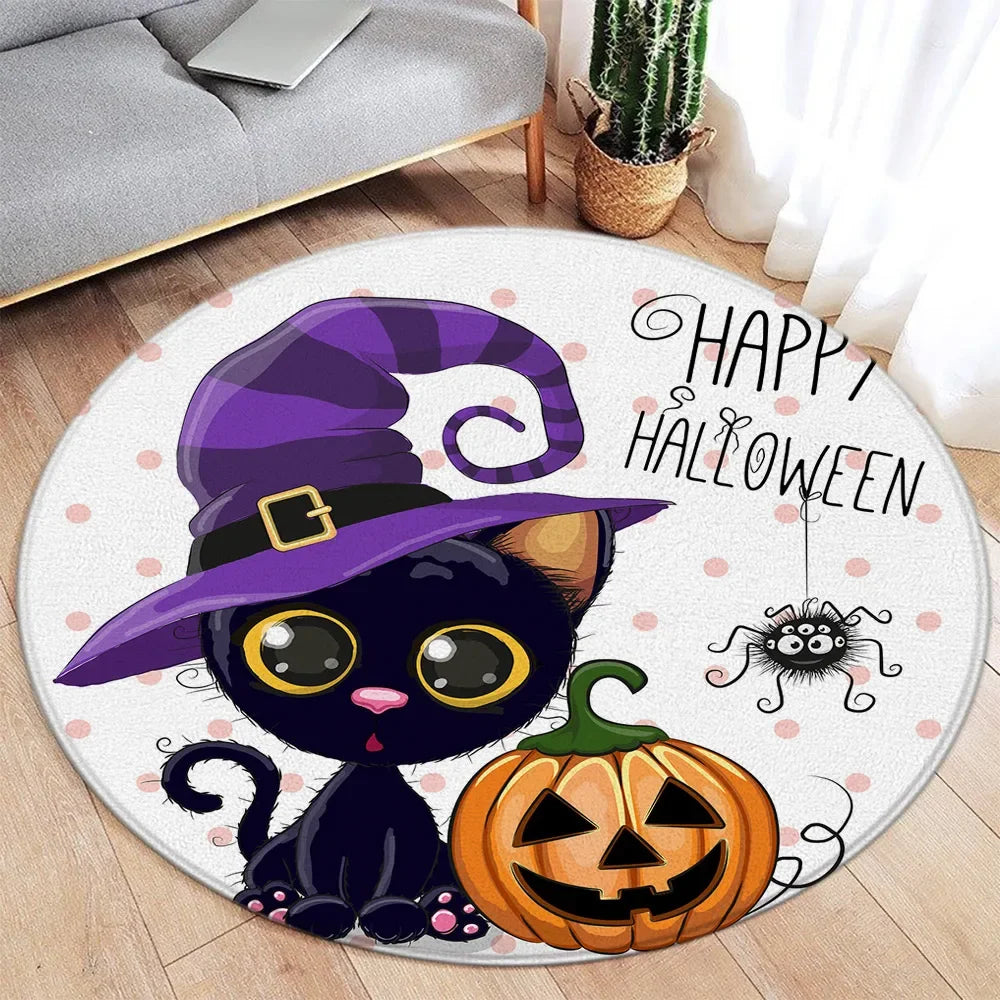 Cartoon Halloween Round Carpet Cute White Elf Ghost Pumpkin Black Flannel Mats Home Living Room Bedroom Decorative Floor Rugs