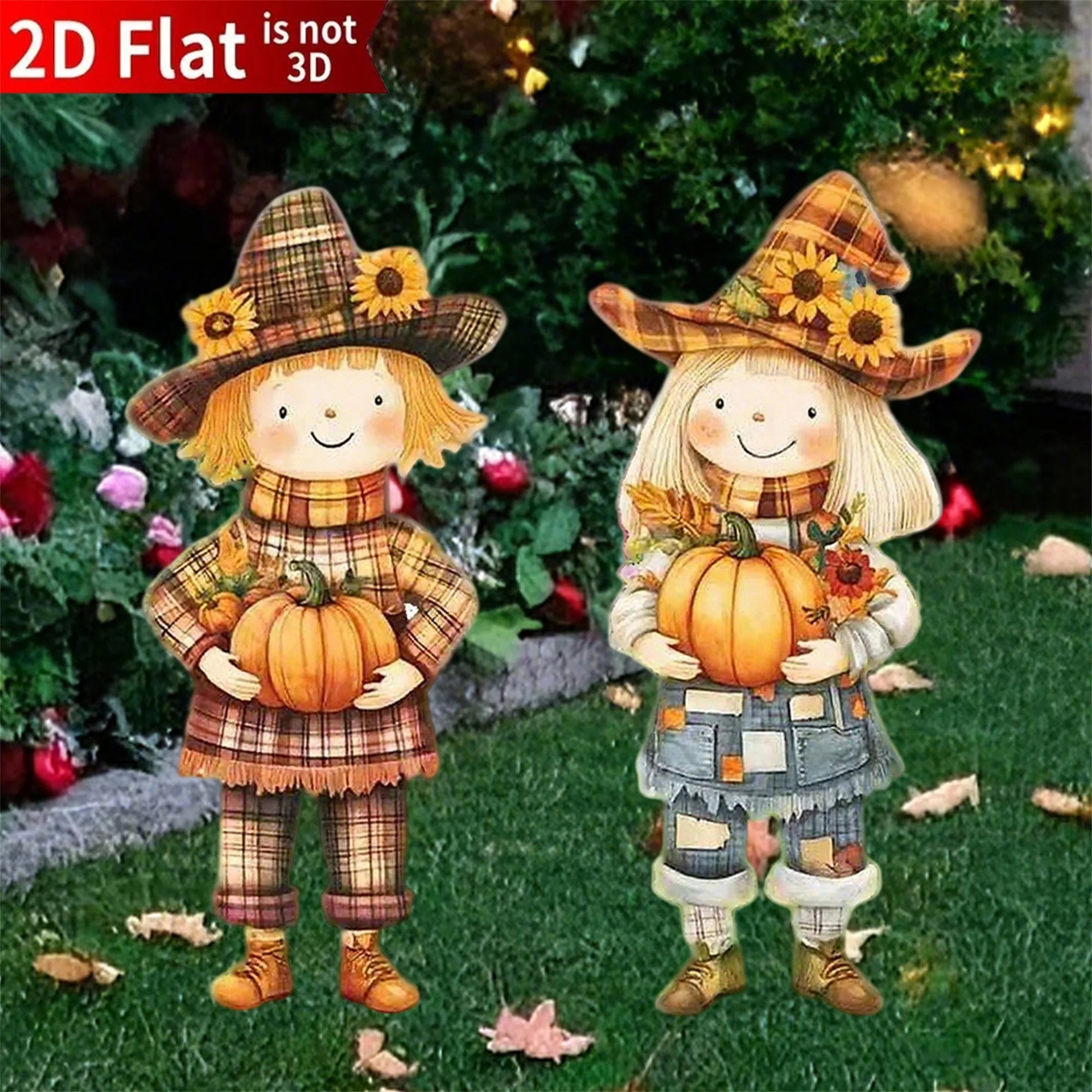 Set of 2 Thanksgiving Yard Stake Adorable Scarecrow Doll Figurines for Festive Garden Decorations