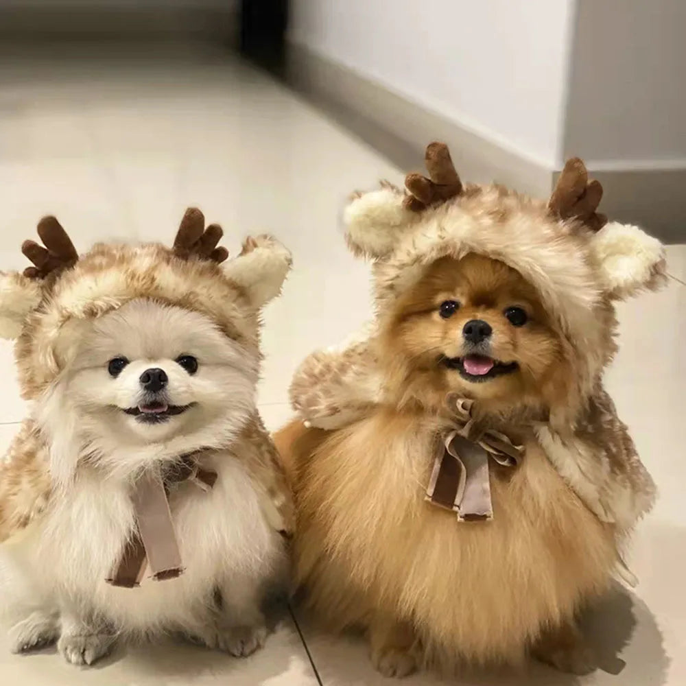 Christmas Pet Clothes Dog Elk Cloak X-mas Pet Costume Brown Deer Cat Clothes Winter Warm Puppy Cape for Cats Small Medium Dogs