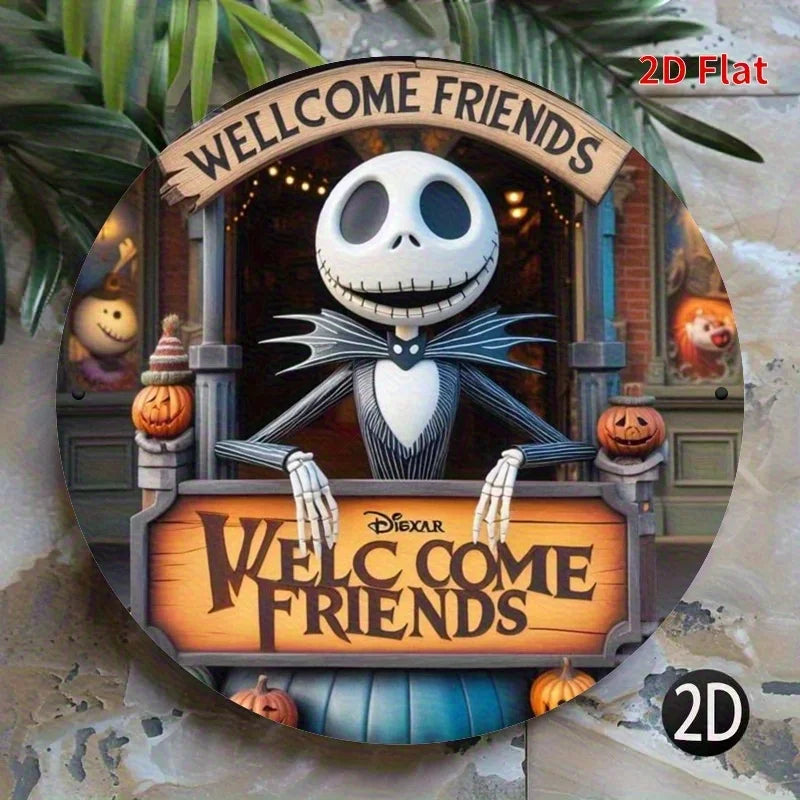 Jack Skellington Welcome Sign 8x8in Round - Halloween Outdoor Decor, Nightmare Before Christmas Wall Art, Holiday Gift for Fans