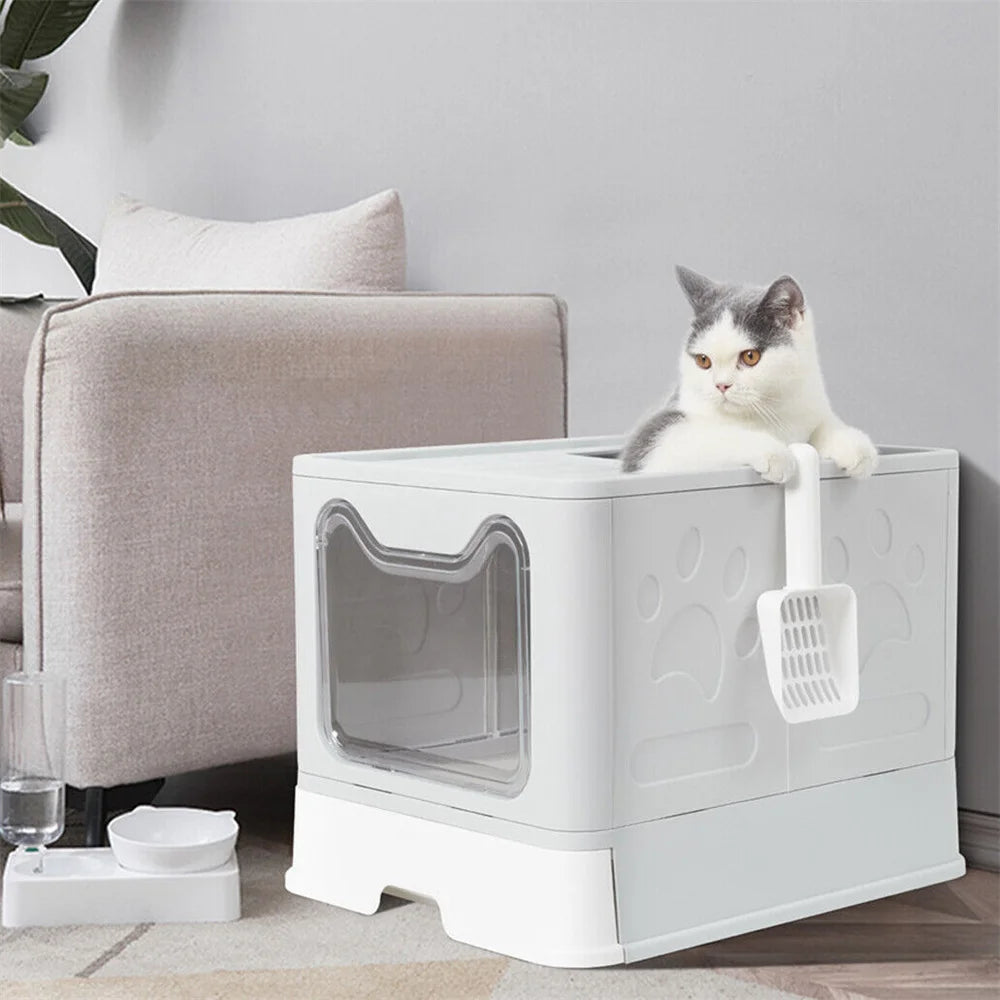 Large Cat Litter Box with Lid Covered Top Entry Front Door Cat Litter Tray Foldable Kitty Litter Box Litter Scoop Drawer Type