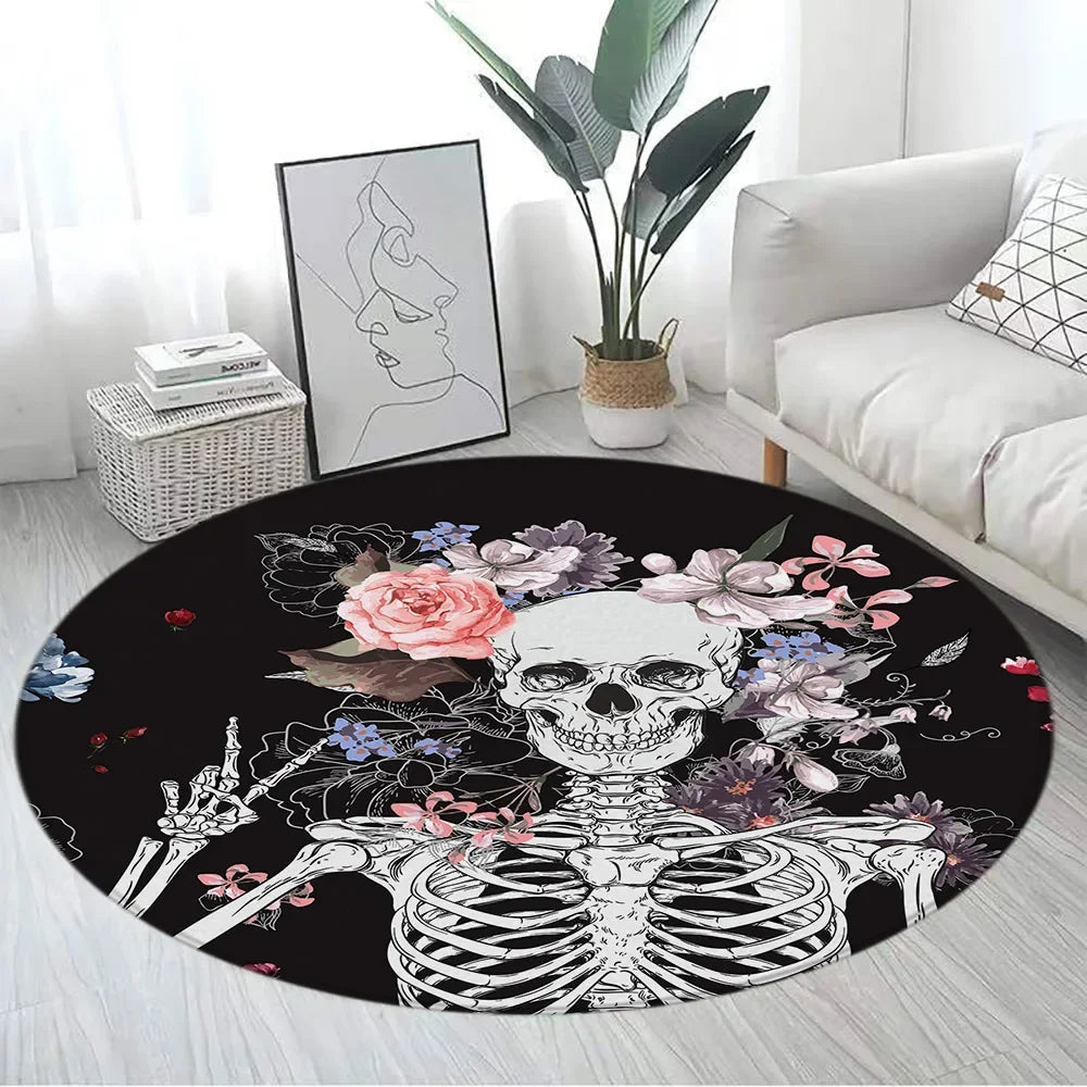 Floral Skull Round Carpet Rose Flowers Spider Skeleton Horror Halloween Home Living Room Bedroom Decor Flannel Mats Floor Rugs