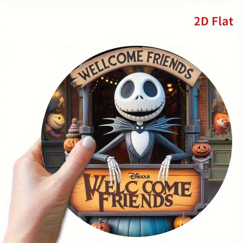 Jack Skellington Welcome Sign 8x8in Round - Halloween Outdoor Decor, Nightmare Before Christmas Wall Art, Holiday Gift for Fans