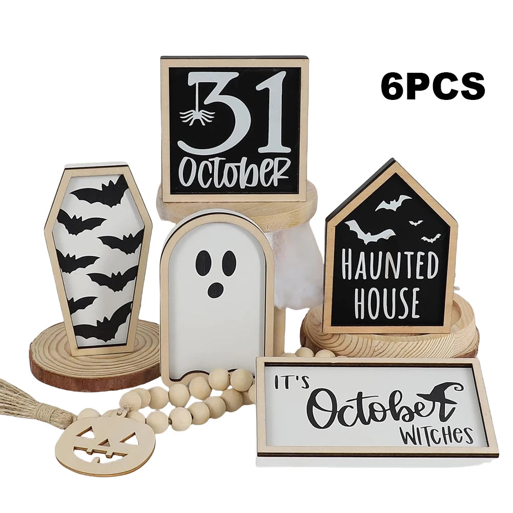6Pcs Bat Coffin Haunted House Ghost Cute Wooden Sign Ghost Halloween Theme Party Home Decor Tiered Tray Halloween Bat Ornament