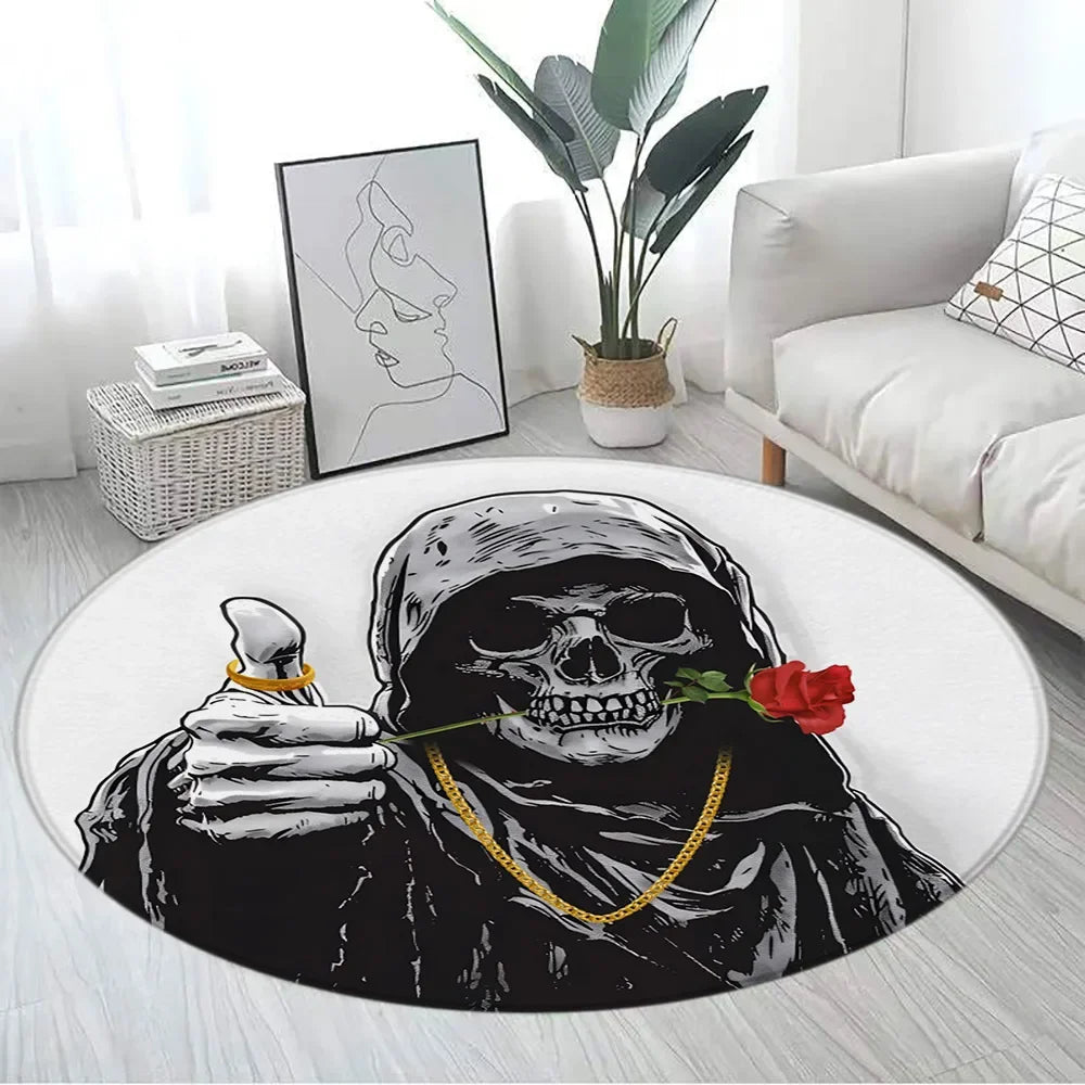 Floral Skull Round Carpet Rose Flowers Spider Skeleton Horror Halloween Home Living Room Bedroom Decor Flannel Mats Floor Rugs