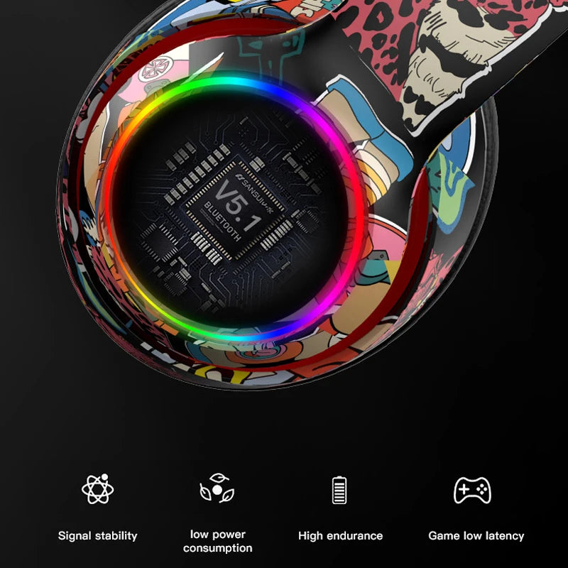 Graffiti Headphones Bluetooth 5.1 DJ Headset Wireless Gamer  with Mic RGB LED Light For Kids PC Gamer Earphone Support TF Card