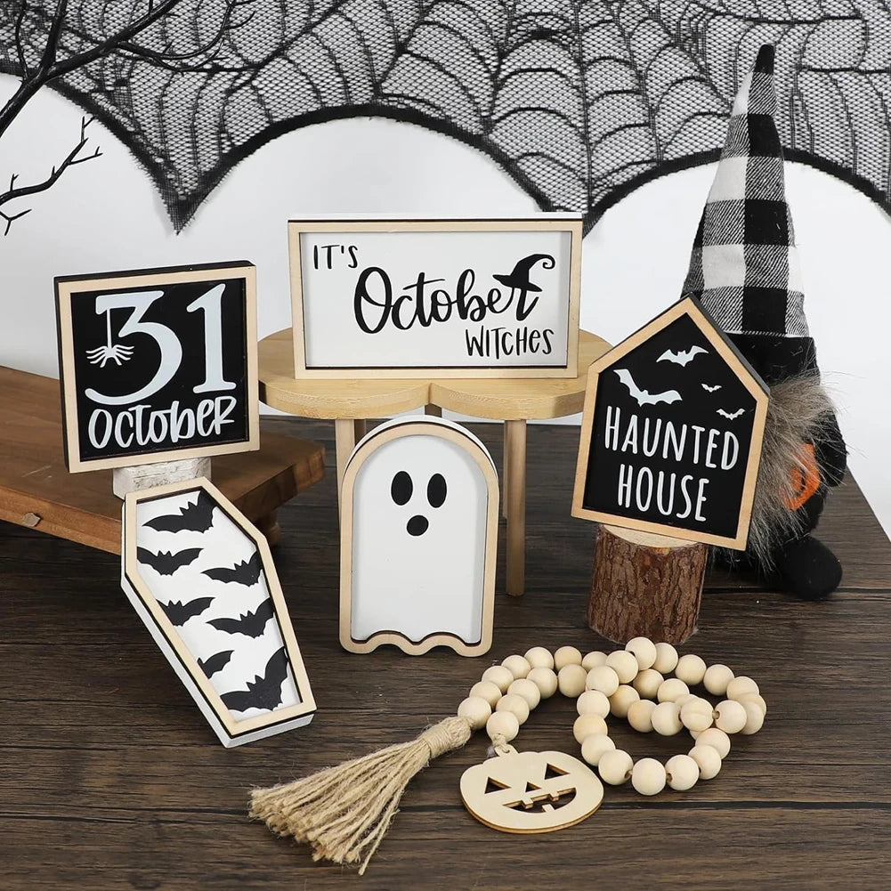 6Pcs Bat Coffin Haunted House Ghost Cute Wooden Sign Ghost Halloween Theme Party Home Decor Tiered Tray Halloween Bat Ornament