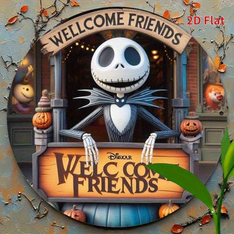 Jack Skellington Welcome Sign 8x8in Round - Halloween Outdoor Decor, Nightmare Before Christmas Wall Art, Holiday Gift for Fans