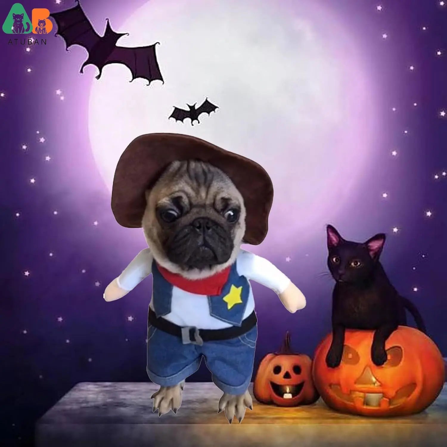 ATUBAN Cowboy Dog Costume,Funny Pet Cat Halloween Costumes Cool West Cowboy Uniform with Hat,Cosplay Puppy Clothing Party Outfit