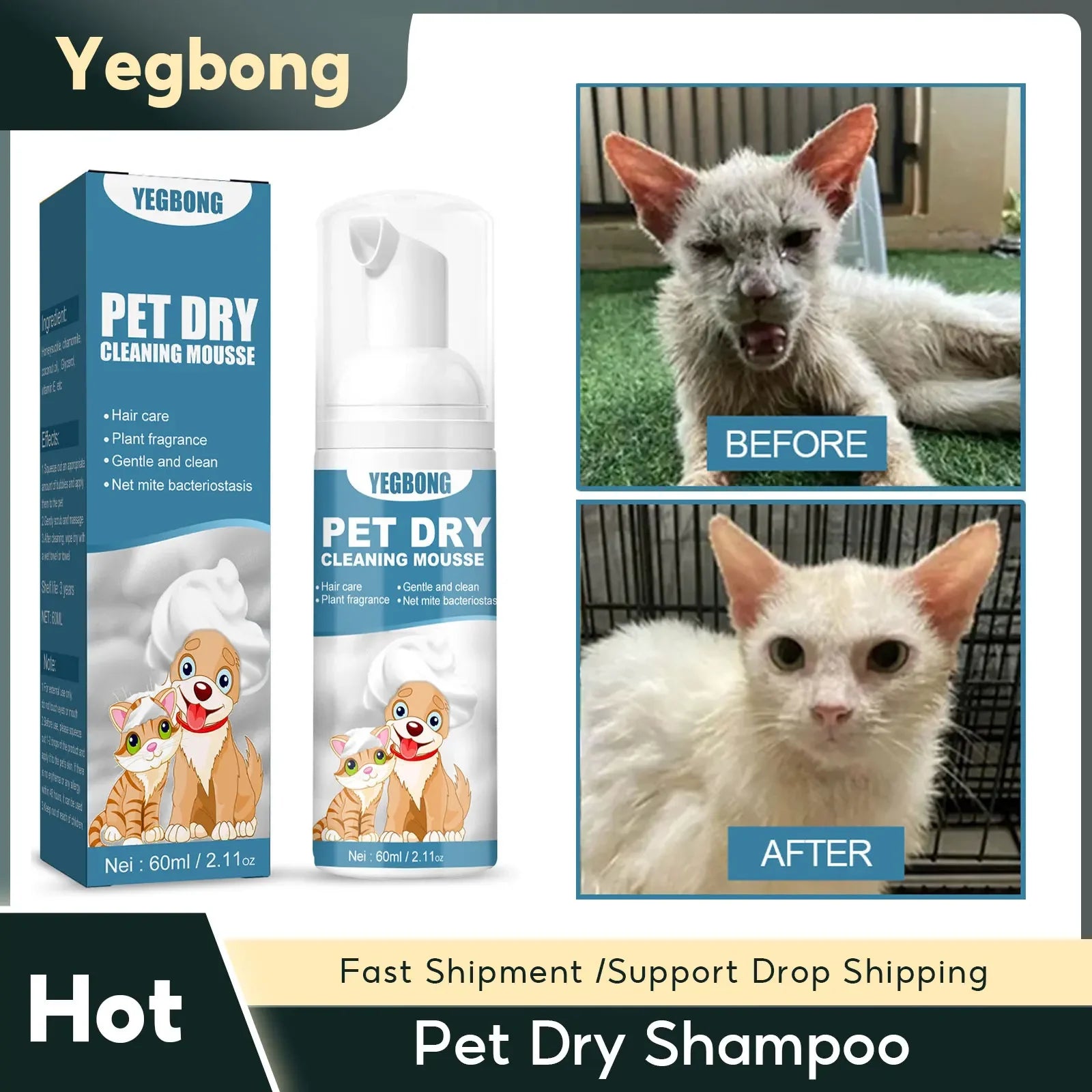 Pet Dry Shampoo Puppy Kitten Dry Cleaning Foam Shampoo Safe Bathless Cleaning Odor Eliminator Itch Relief Pet Grooming Supplies