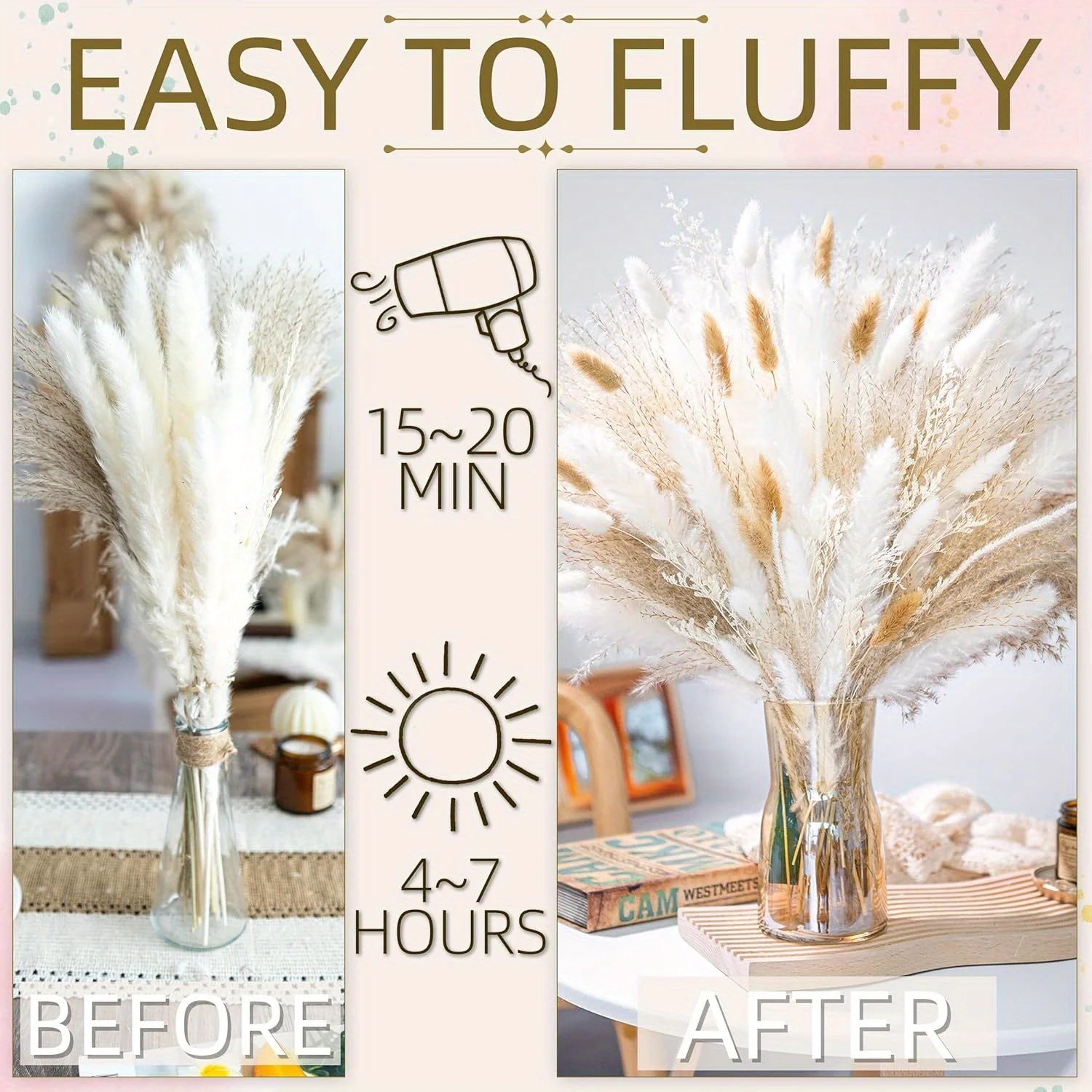 95Pcs Natural Dried Pampas Grass Bouquet for Home Decor Vase Filler Fluffy Dried Fall Pampas for Table Decor Wedding