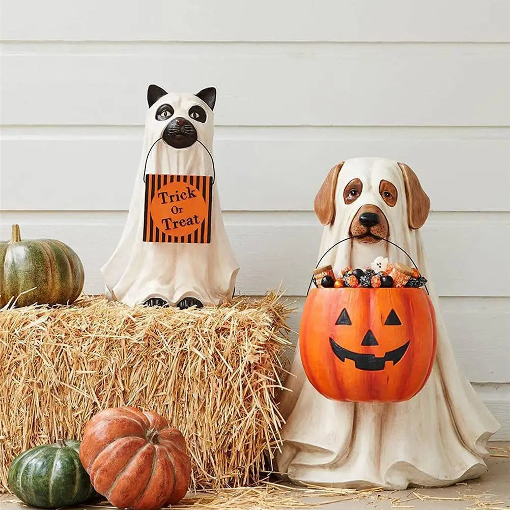 Halloween Dog Cat Ornaments with Candy Bowl Halloween Pumpkin Snack Bowl Stand for Trick Or Treat Indoor Outdoor Decorations