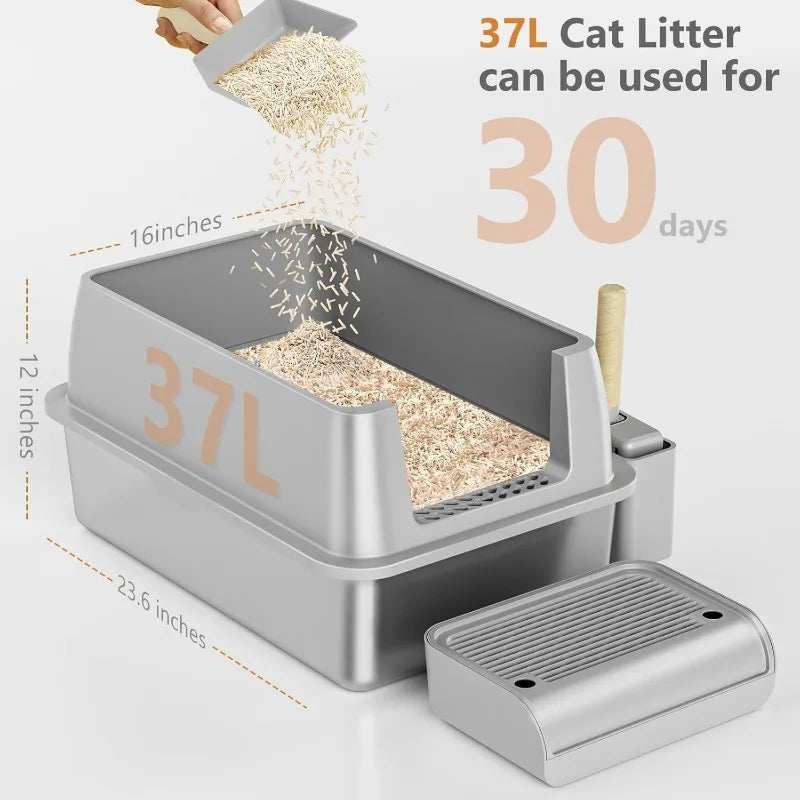 Steel Cat Litter Box with Lid, XL Extra Large Litter Box for Big Cats, Enclosed Removable Metal Litter Box with High Sided