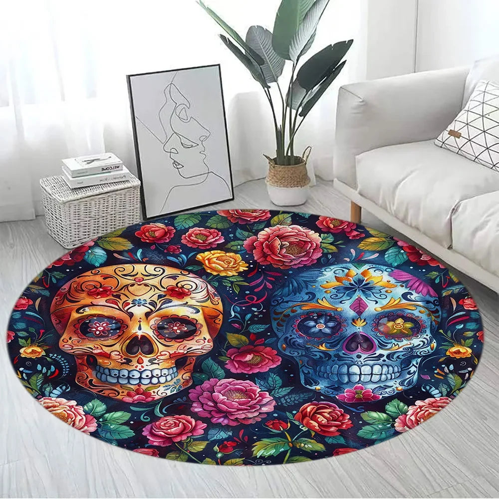 Floral Skull Round Carpet Rose Flowers Spider Skeleton Horror Halloween Home Living Room Bedroom Decor Flannel Mats Floor Rugs