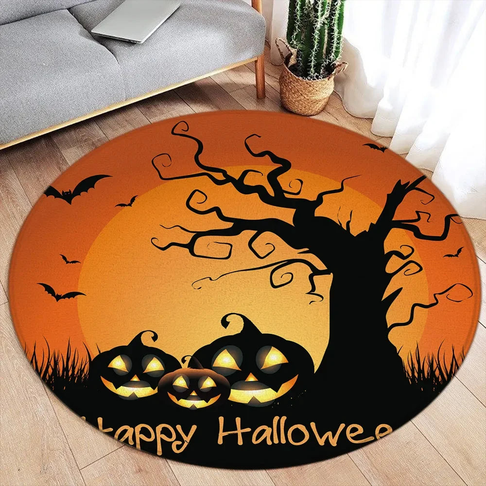 Cartoon Halloween Round Carpet Cute Elf Ghost Pumpkin Black Cat Spider Bat Red Maple Leaf Home Living Room Bedroom Decor Rugs