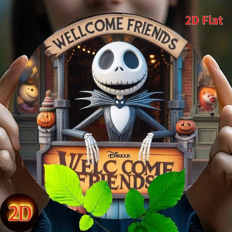Jack Skellington Welcome Sign 8x8in Round - Halloween Outdoor Decor, Nightmare Before Christmas Wall Art, Holiday Gift for Fans
