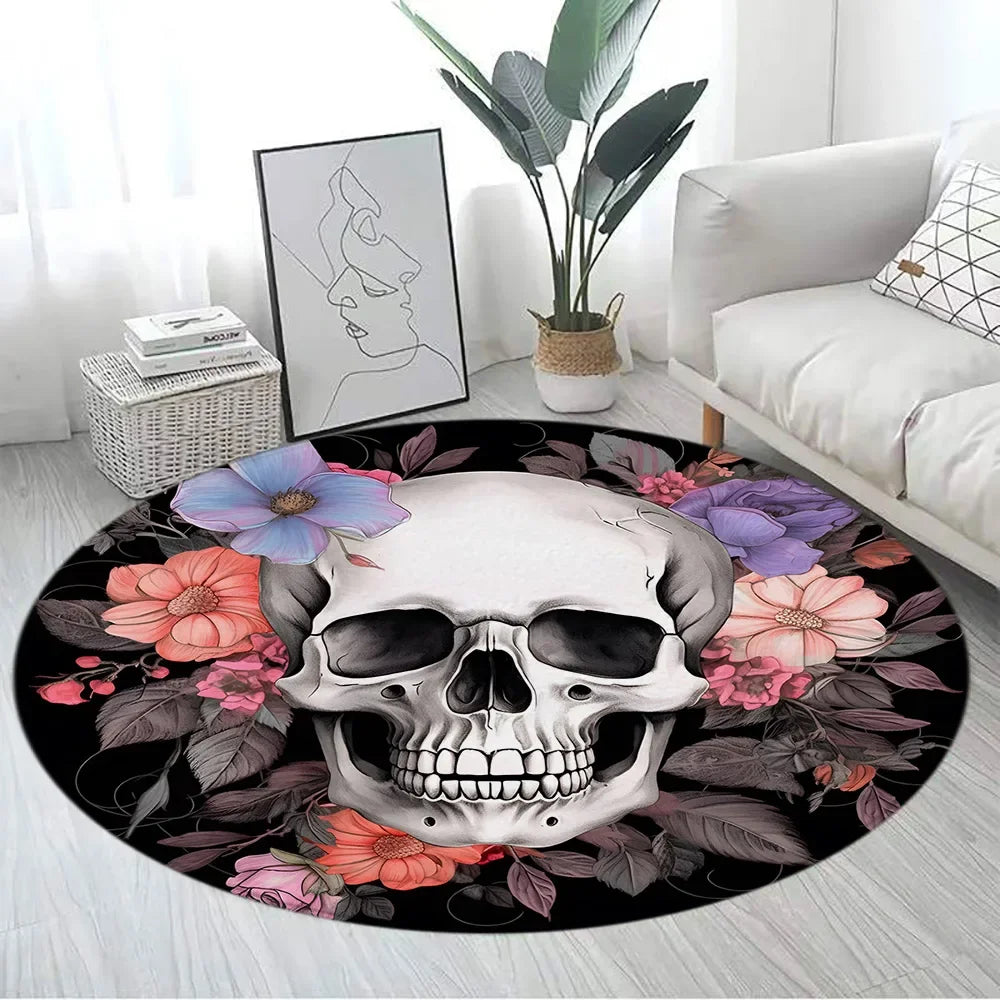 Floral Skull Round Carpet Rose Flowers Spider Skeleton Horror Halloween Home Living Room Bedroom Decor Flannel Mats Floor Rugs