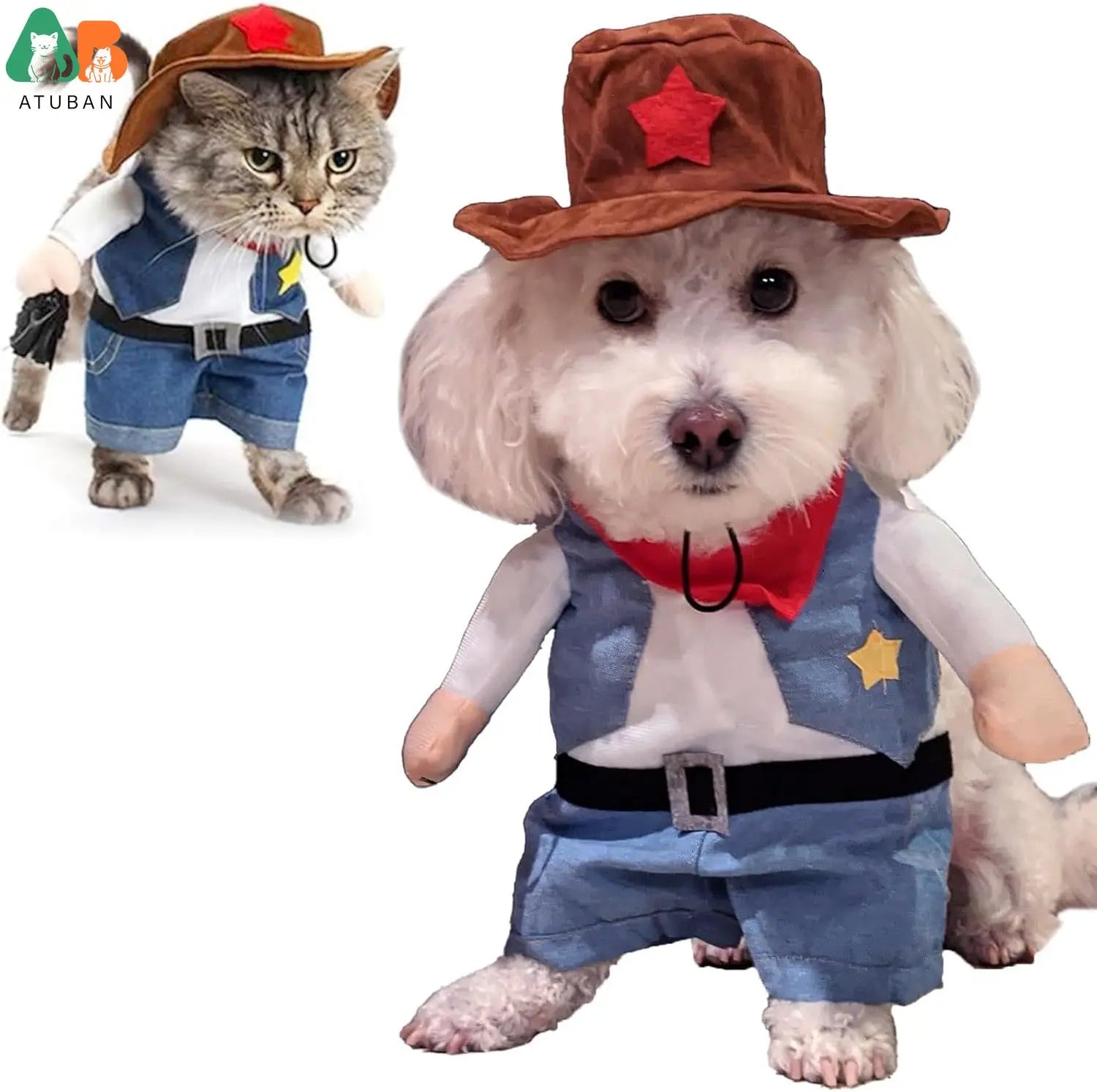 ATUBAN Cowboy Dog Costume,Funny Pet Cat Halloween Costumes Cool West Cowboy Uniform with Hat,Cosplay Puppy Clothing Party Outfit