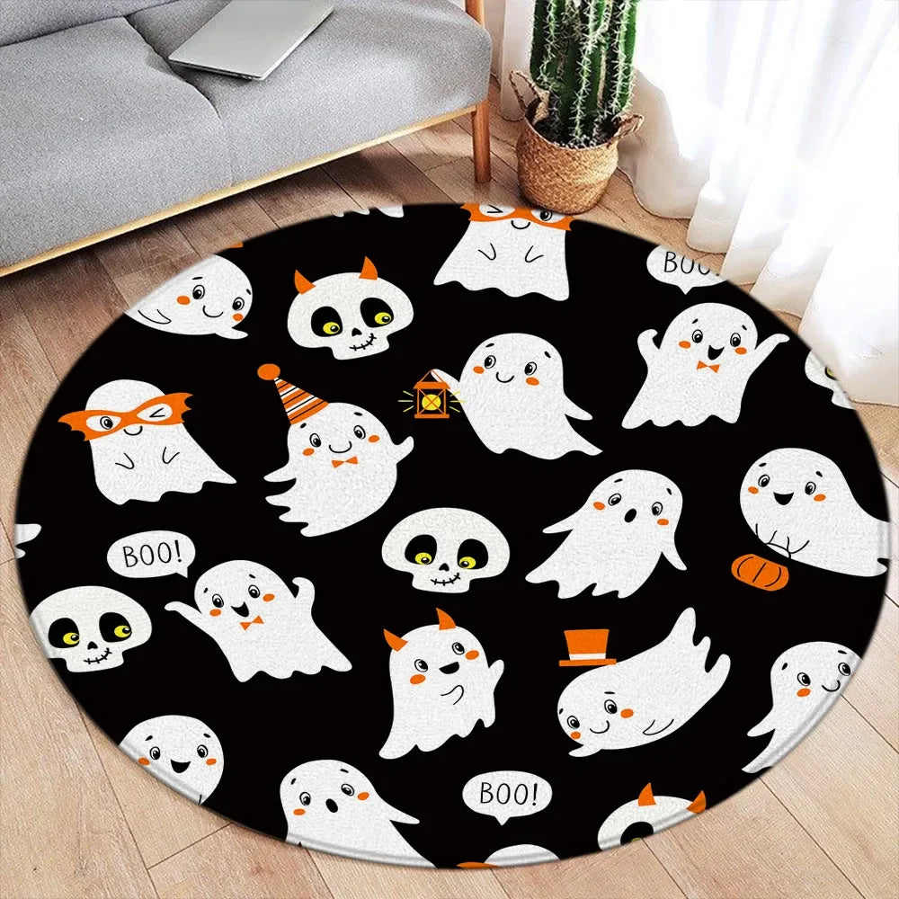 Cartoon Halloween Round Carpet Cute White Elf Ghost Pumpkin Black Flannel Mats Home Living Room Bedroom Decorative Floor Rugs