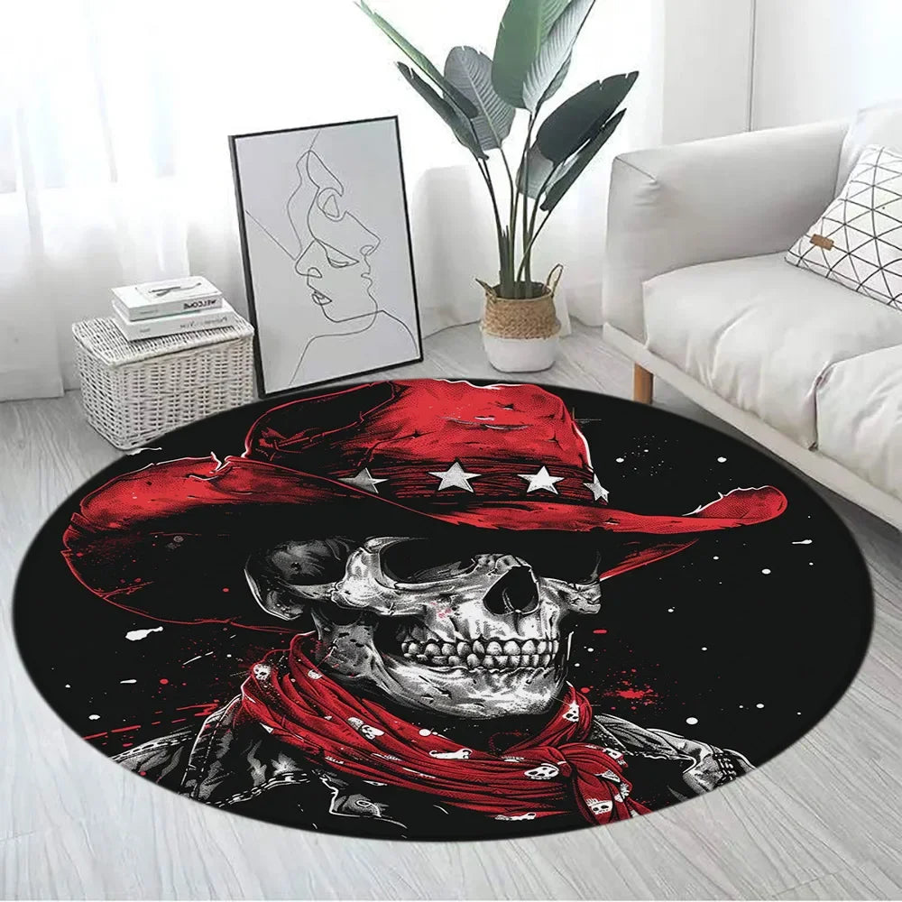 Floral Skull Round Carpet Rose Flowers Spider Skeleton Horror Halloween Home Living Room Bedroom Decor Flannel Mats Floor Rugs