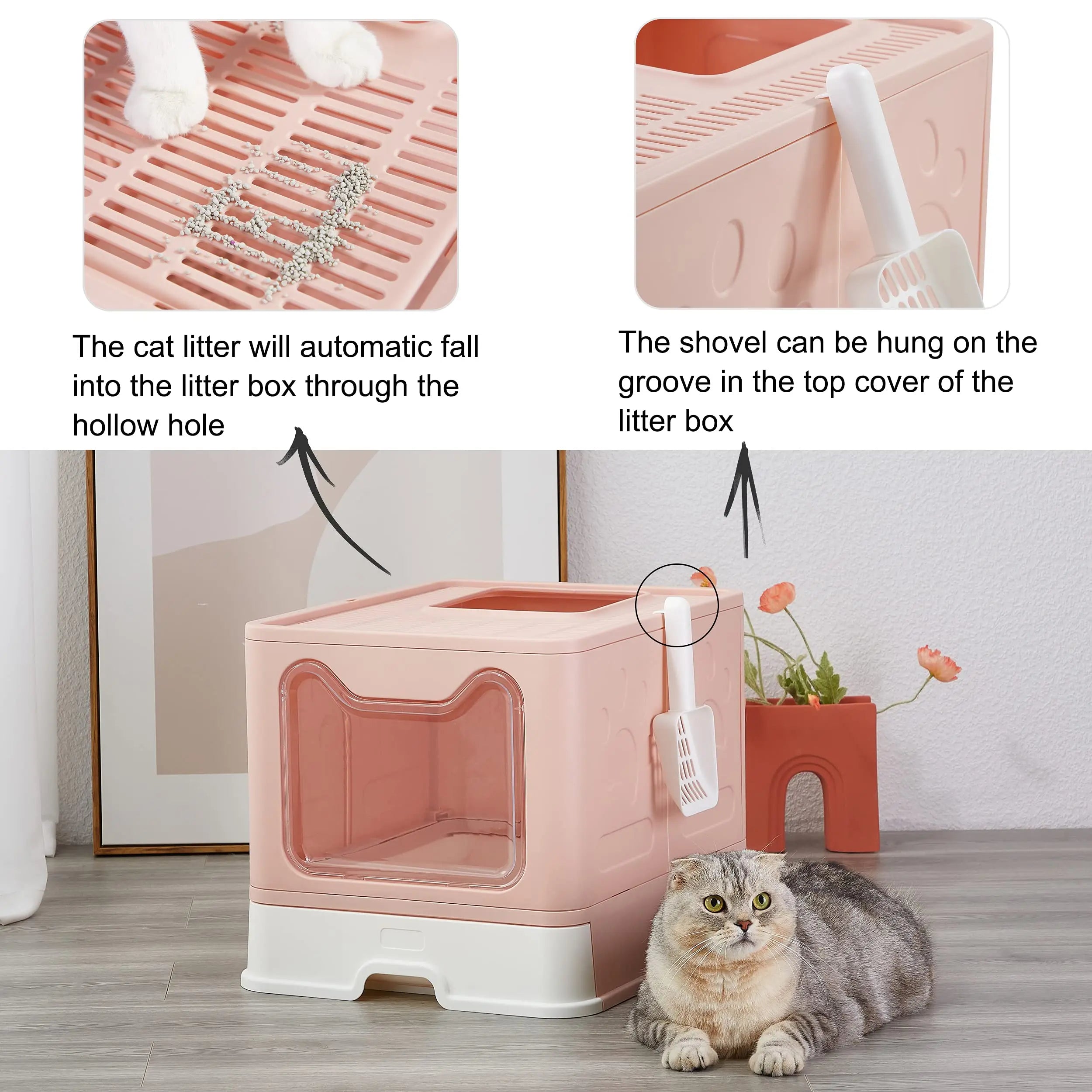 Collapsible Litter Pan with Lid, Enclosed Litter Pan, Top Entry Splash-Proof Cat Toilet, Easy to Clean, with Litter Scoop