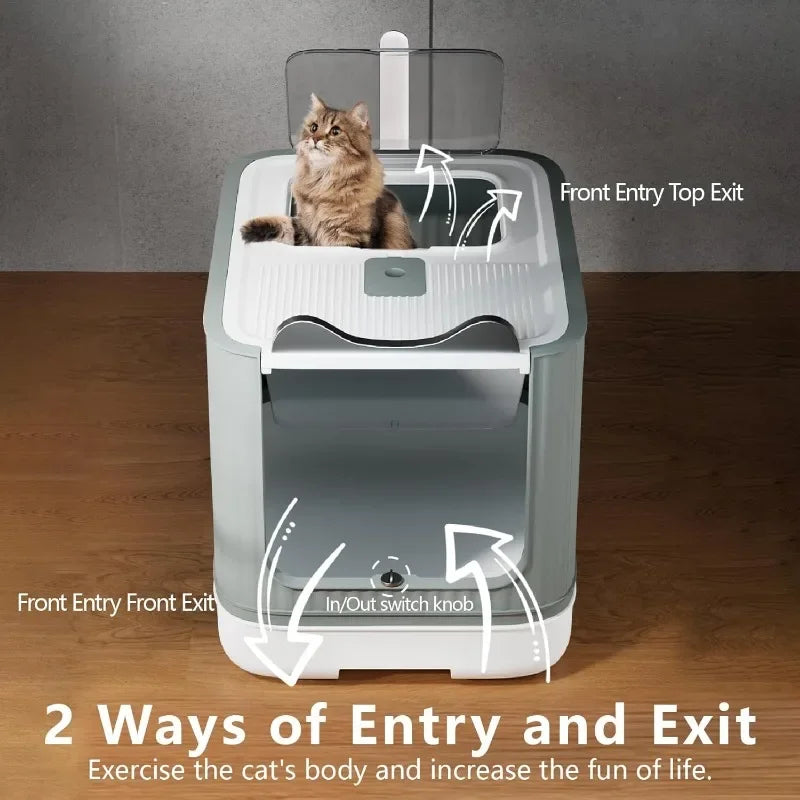Fully Enclosed Cat Litter Box Top Entry, Upgraded Covered with Lid, Anti-Splashing Easy to Clean Kitty Box, White&Grey