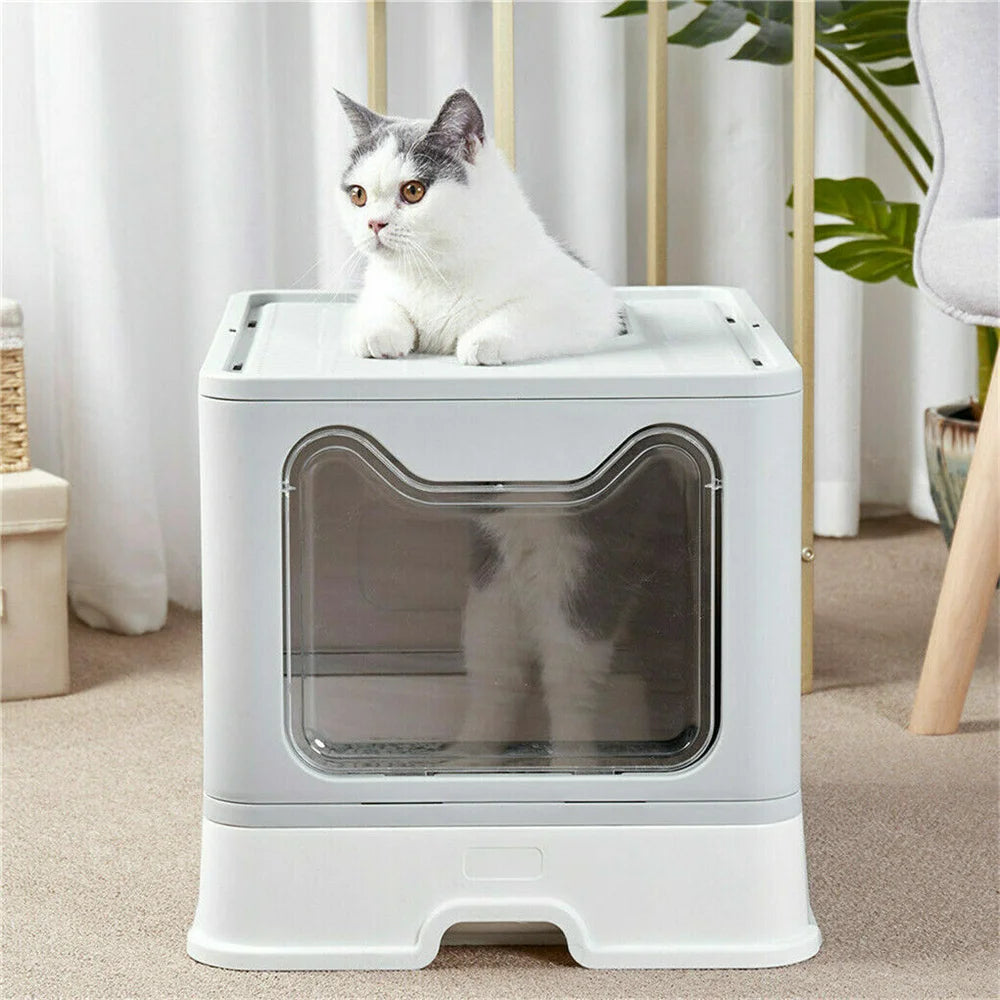 Large Cat Litter Box with Lid Covered Top Entry Front Door Cat Litter Tray Foldable Kitty Litter Box Litter Scoop Drawer Type