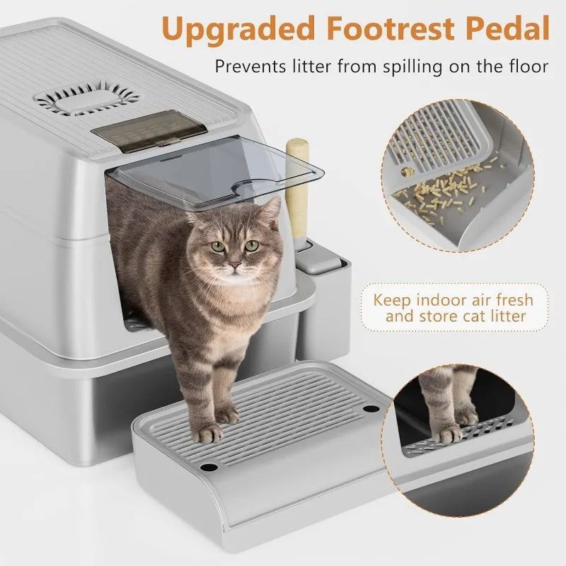Steel Cat Litter Box with Lid, XL Extra Large Litter Box for Big Cats, Enclosed Removable Metal Litter Box with High Sided