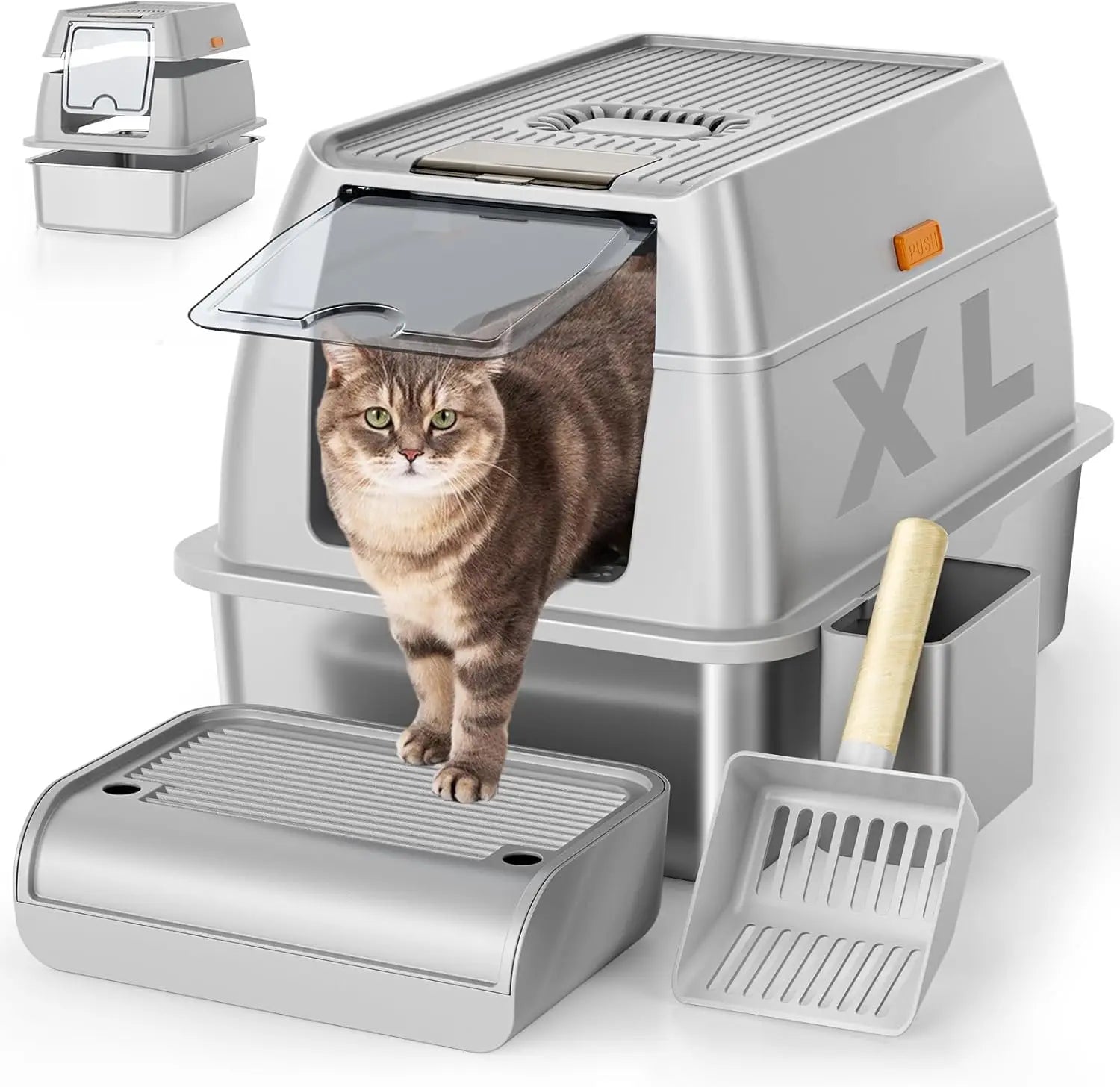 Steel Cat Litter Box with Lid, XL Extra Large Litter Box for Big Cats, Enclosed Removable Metal Litter Box with High Sided
