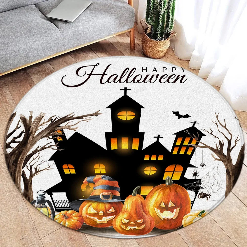 Cartoon Halloween Round Carpet Cute White Elf Ghost Pumpkin Black Flannel Mats Home Living Room Bedroom Decorative Floor Rugs