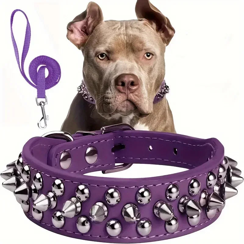 Spiked Dog Collar And Leash Set, Rivet Leather Dog Collar Adjustable Dog Collar For Outdoor Walking Dogs stuff Dog harness leash