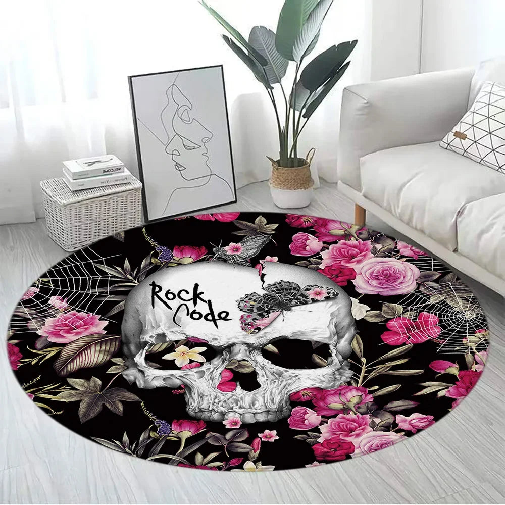 Floral Skull Round Carpet Rose Flowers Spider Skeleton Horror Halloween Home Living Room Bedroom Decor Flannel Mats Floor Rugs