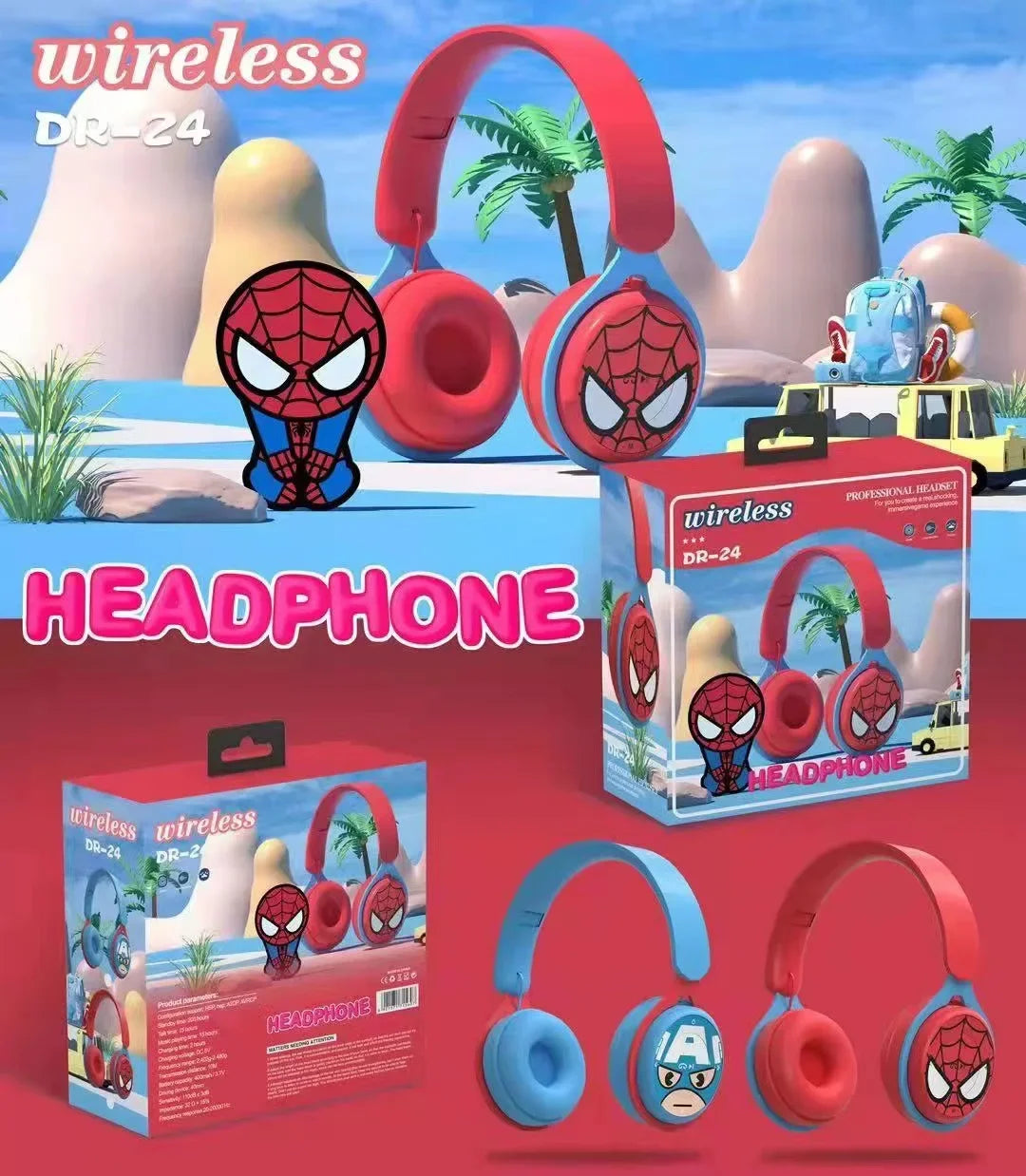 Disney Headphones Foldable HIFI Sound Bluetooth Headsets Spider-Man Series Wireless Earphones Bluetooth for Kids Anime Cartoon