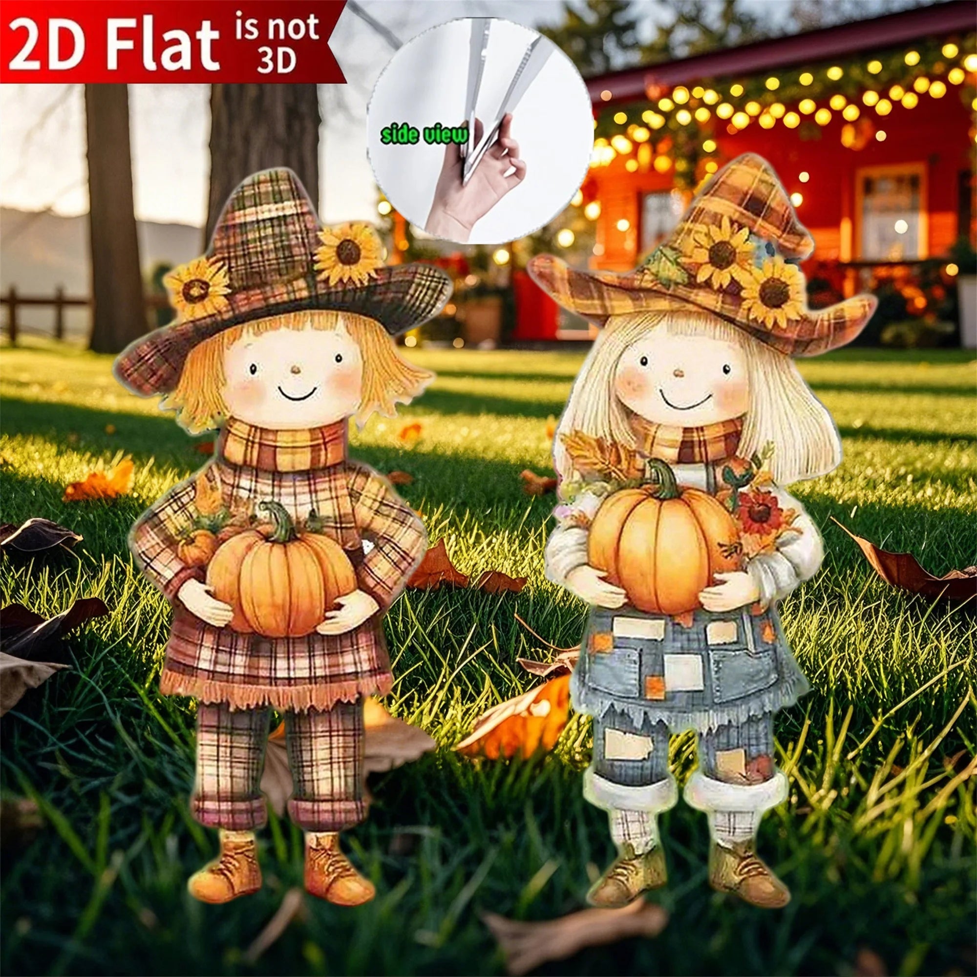 Set of 2 Thanksgiving Yard Stake Adorable Scarecrow Doll Figurines for Festive Garden Decorations
