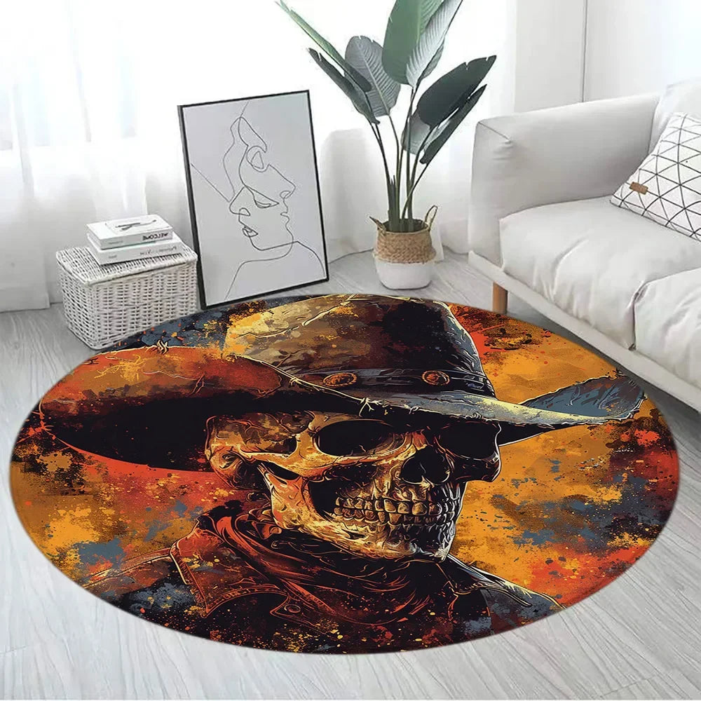 Floral Skull Round Carpet Rose Flowers Spider Skeleton Horror Halloween Home Living Room Bedroom Decor Flannel Mats Floor Rugs