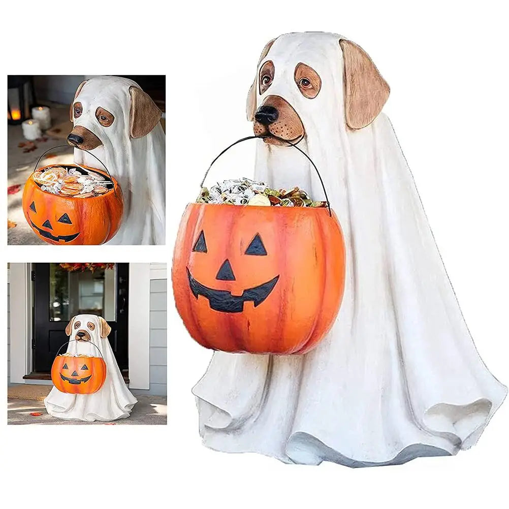 Halloween Dog Cat Ornaments with Candy Bowl Halloween Pumpkin Snack Bowl Stand for Trick Or Treat Indoor Outdoor Decorations