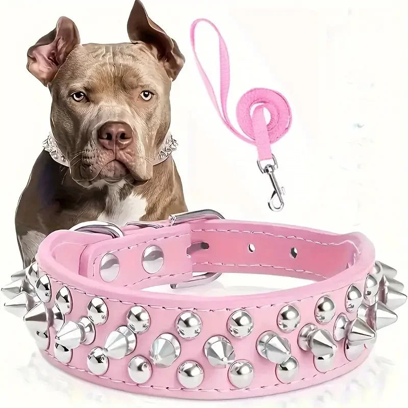Spiked Dog Collar And Leash Set, Rivet Leather Dog Collar Adjustable Dog Collar For Outdoor Walking Dogs stuff Dog harness leash
