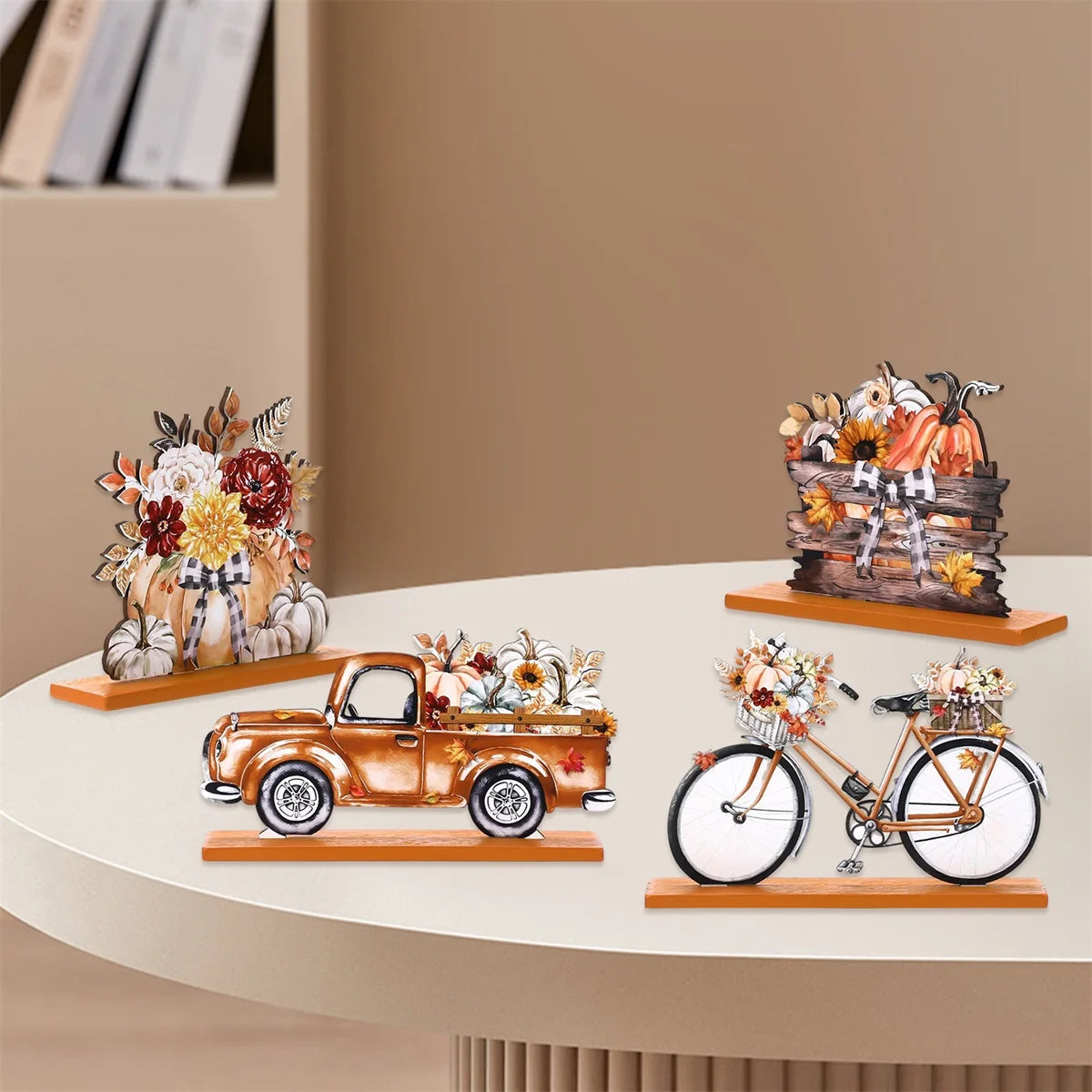 Rustic Autumn Table Decor Set of 4 Pieces - Vintage Truck Bicycle Pumpkin Centerpieces for Home and Office