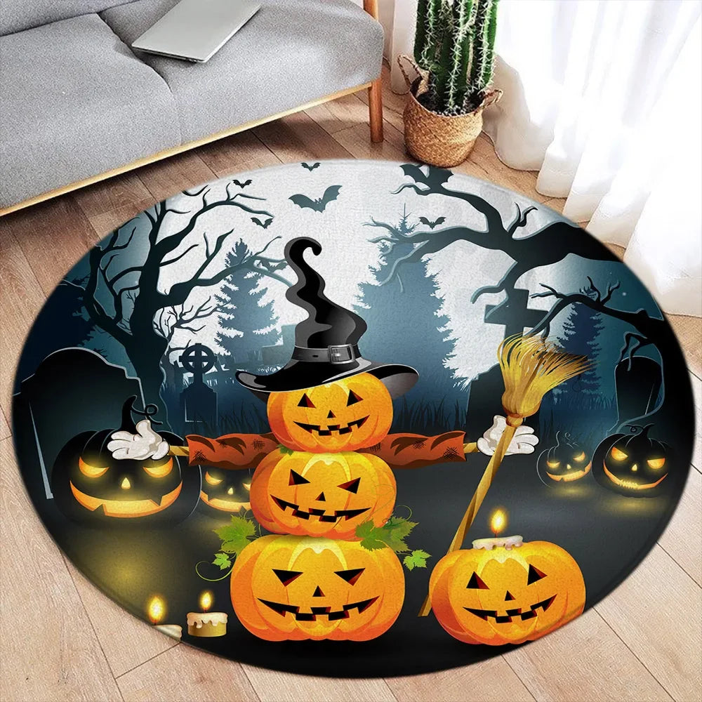 Cartoon Halloween Round Carpet Cute Elf Ghost Pumpkin Black Cat Spider Bat Red Maple Leaf Home Living Room Bedroom Decor Rugs