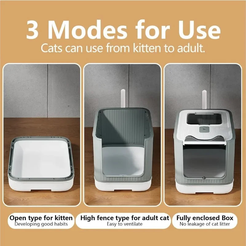 Fully Enclosed Cat Litter Box Top Entry, Upgraded Covered with Lid, Anti-Splashing Easy to Clean Kitty Box, White&Grey