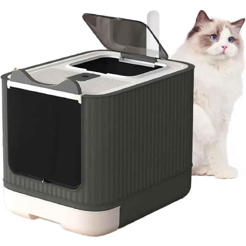 Fully Enclosed Cat Litter Box Top Entry, Upgraded Covered with Lid, Anti-Splashing Easy to Clean Kitty Box, White&Grey