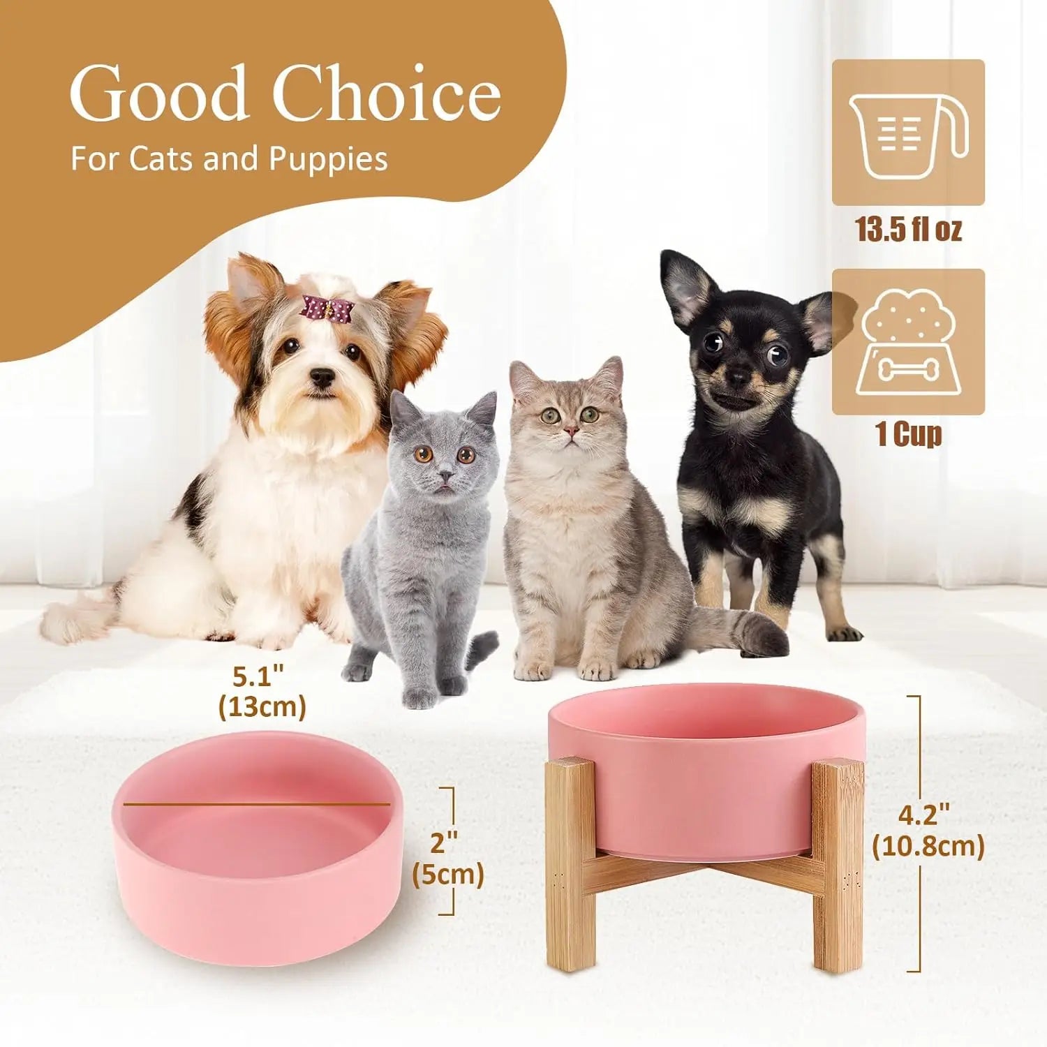 Elevated Ceramic Cat Bowl - Cat Food Bowl with Bamboo Stand - Elevated Dog Bowl for Puppies - Anti-Vomiting, No Stress