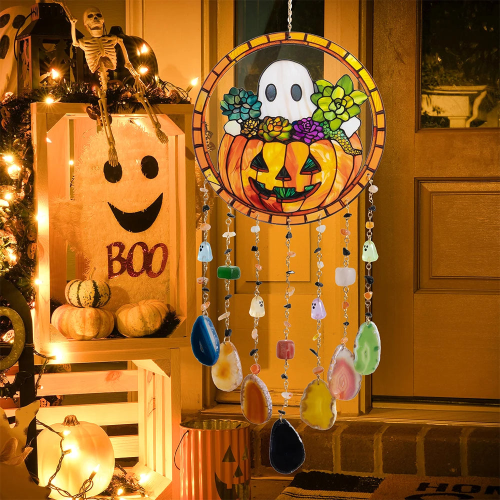 1 pc 2D Flat Pumpkin, Bat, Witch Stained Acrylic with Agate PendantWindow Hanging Horror Sun Catcher Decor Halloween Suncatchers